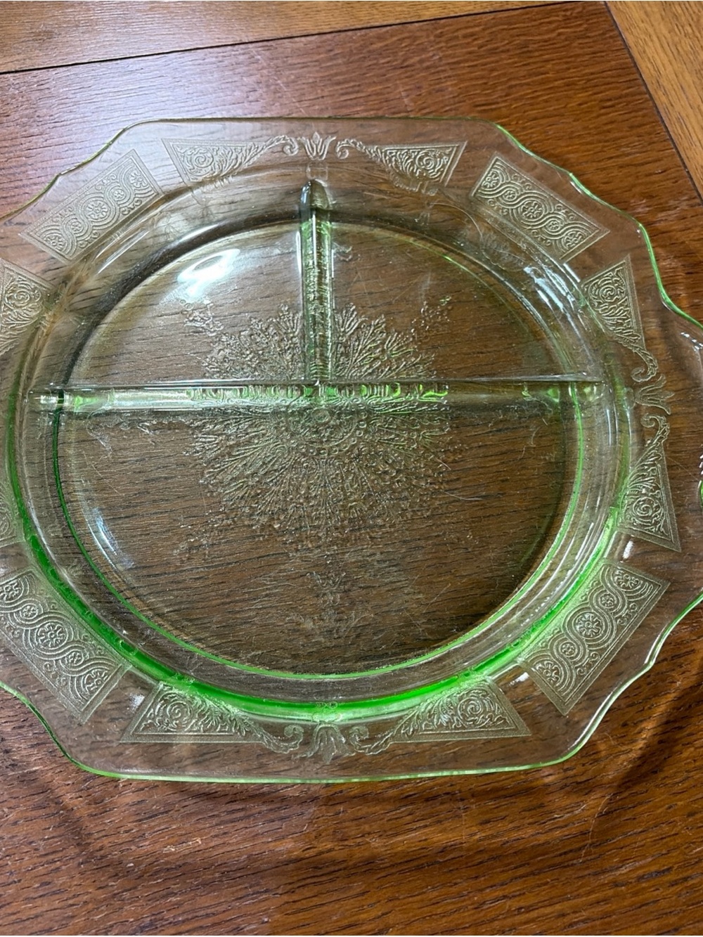 Vintage Green Uranium Depression Glass Divided Relish Dish Embossed - Glows